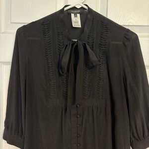 Couture by Miss Me Black Button Up Neck Tie Pin-tuck Silk Top Sz M